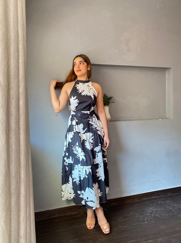 Monochrome Floral Back Cut Out Long Dress