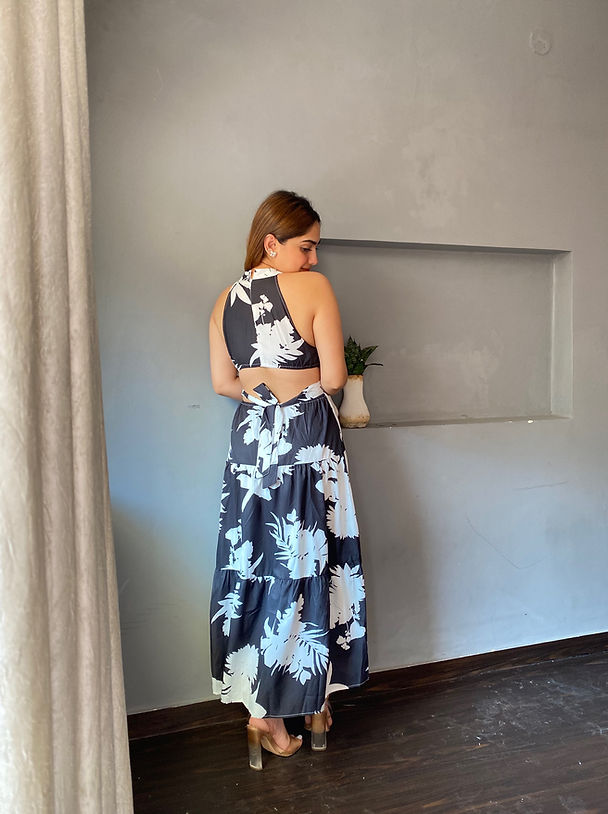 Monochrome Floral Back Cut Out Long Dress