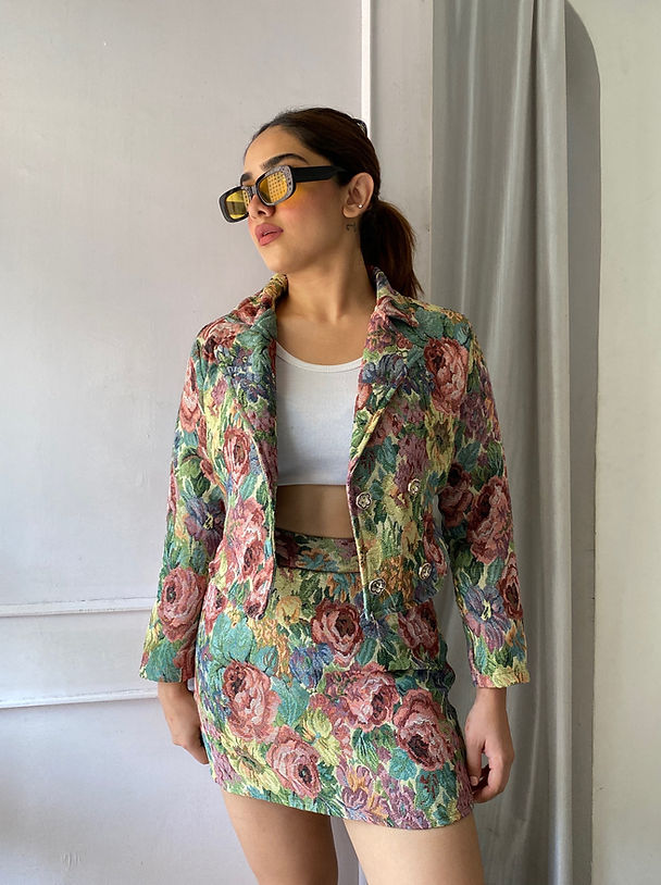 Floral Patched Blazer With Skirt