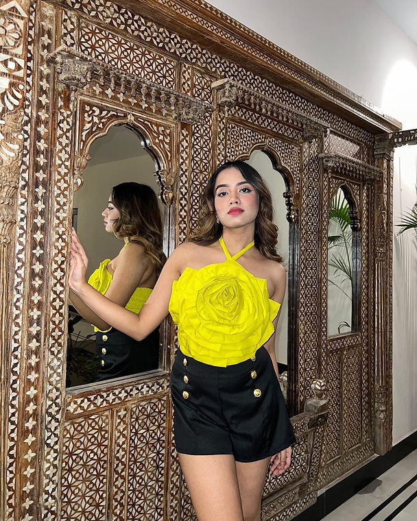 Combo Deal: Yellow Rose Halter Neck Top With Black Shorts