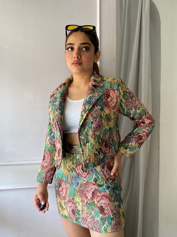 Floral Patched Blazer With Skirt
