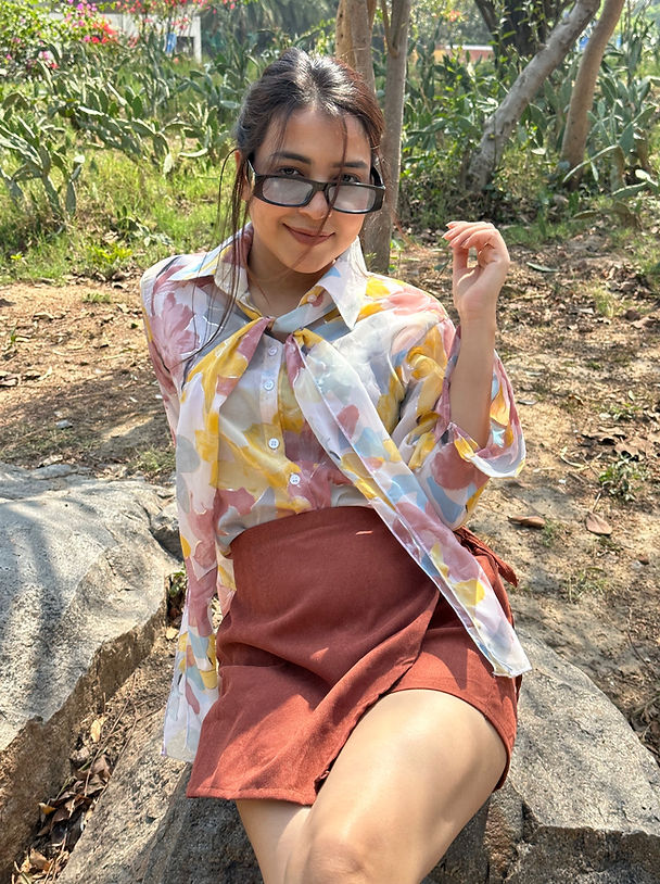 Floral Georgette Button Down Shirt With Scarf