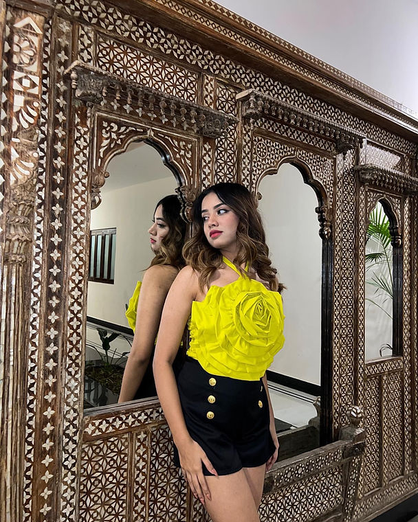 Combo Deal: Yellow Rose Halter Neck Top With Black Shorts