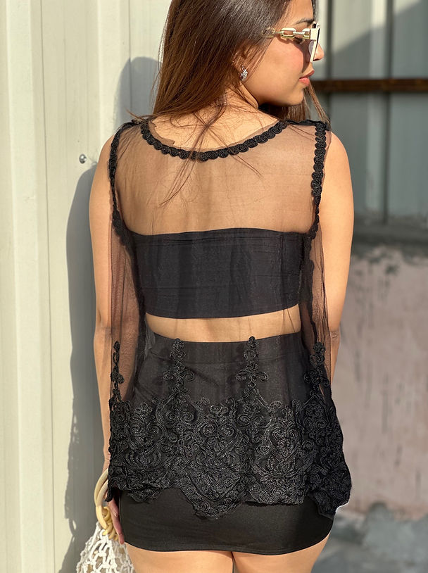 Mesh Embroidered Tunic Top With Skirt