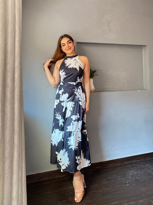 Monochrome Floral Back Cut Out Long Dress