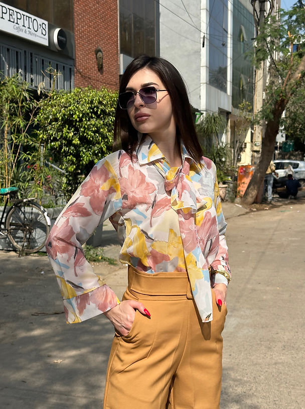 Floral Georgette Button Down Shirt With Scarf