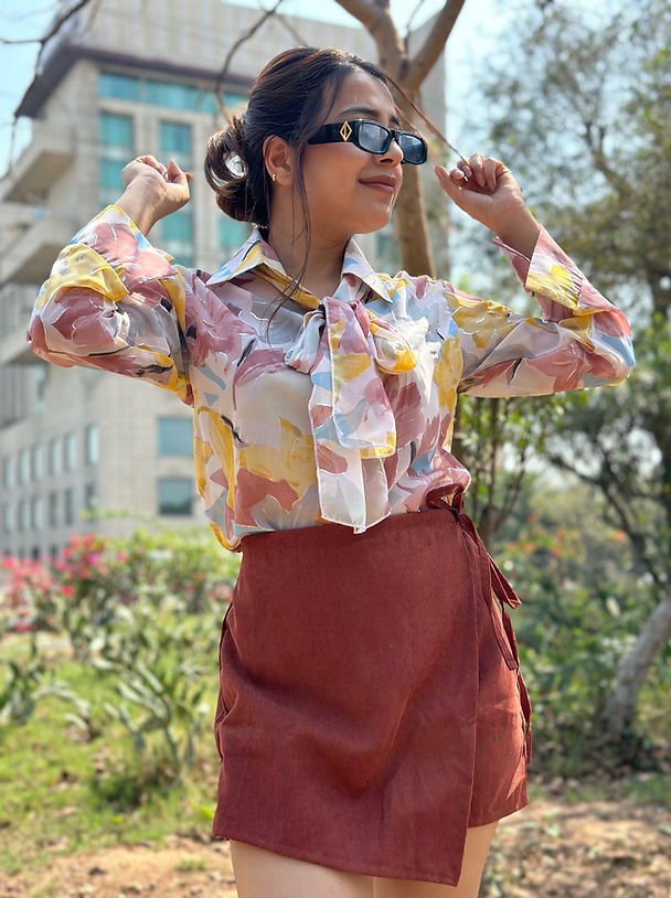 Floral Georgette Button Down Shirt With Scarf