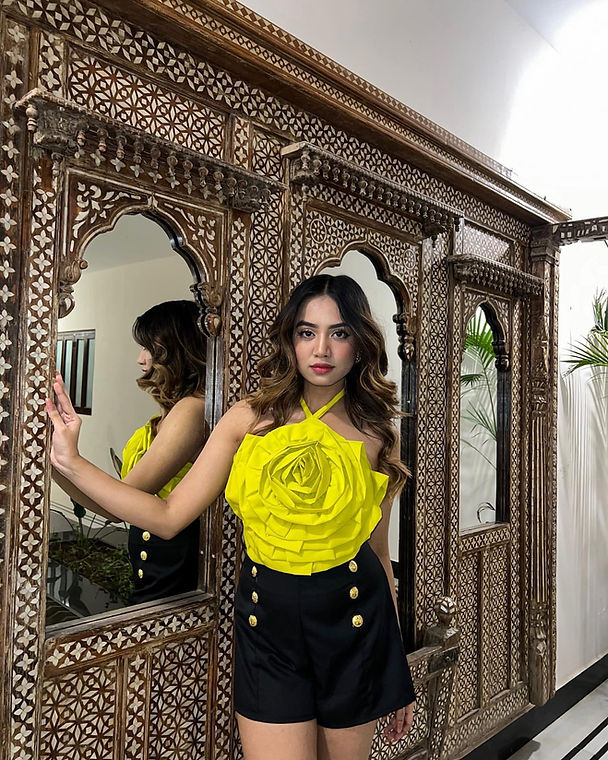 Combo Deal: Yellow Rose Halter Neck Top With Black Shorts