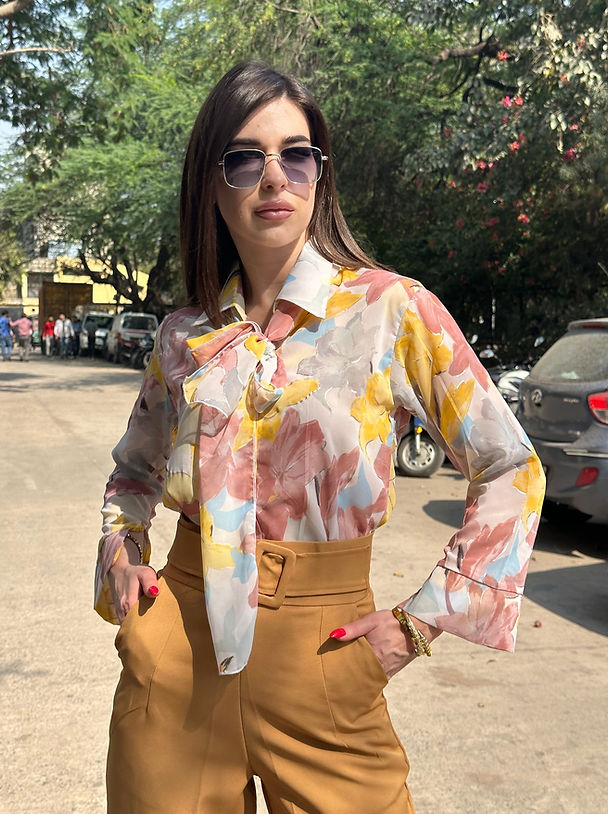 Floral Georgette Button Down Shirt With Scarf