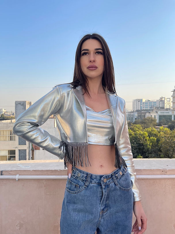 StyleAsh Silver Metallic Jacket With Crop Top