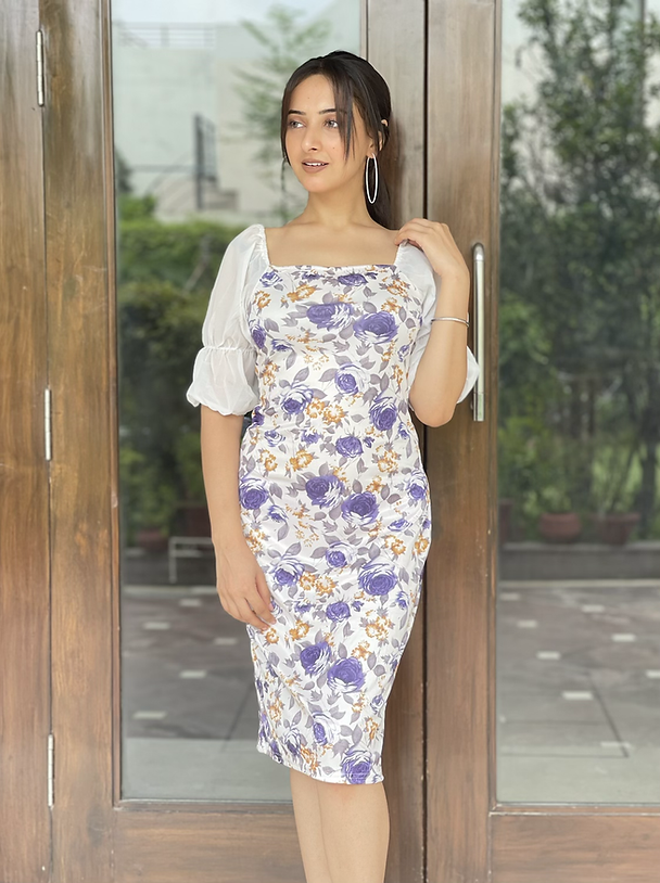 White Floral Square Neck Midi Dress