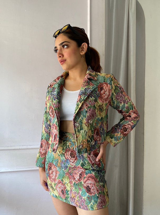 Floral Patched Blazer With Skirt