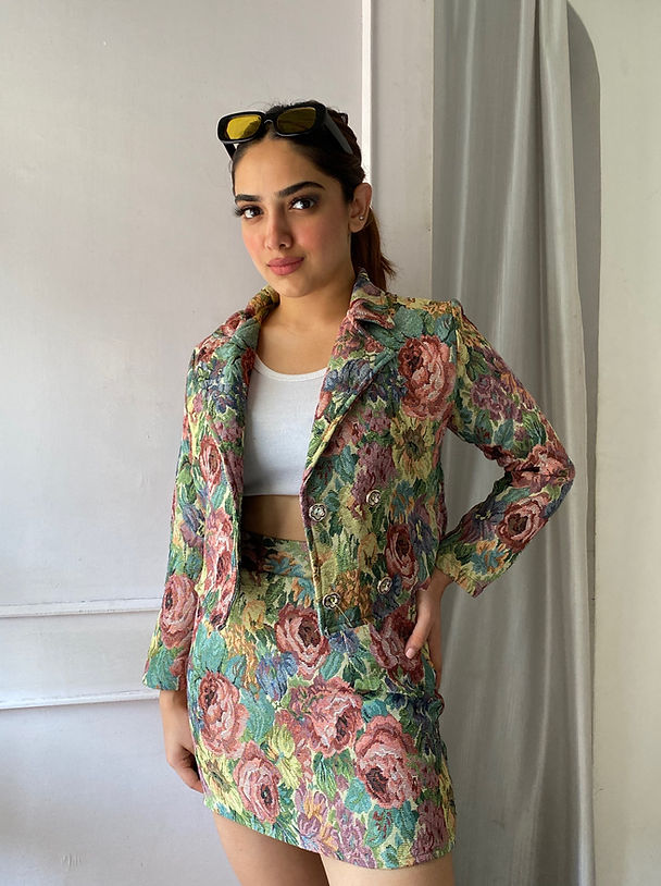 Floral Patched Blazer With Skirt