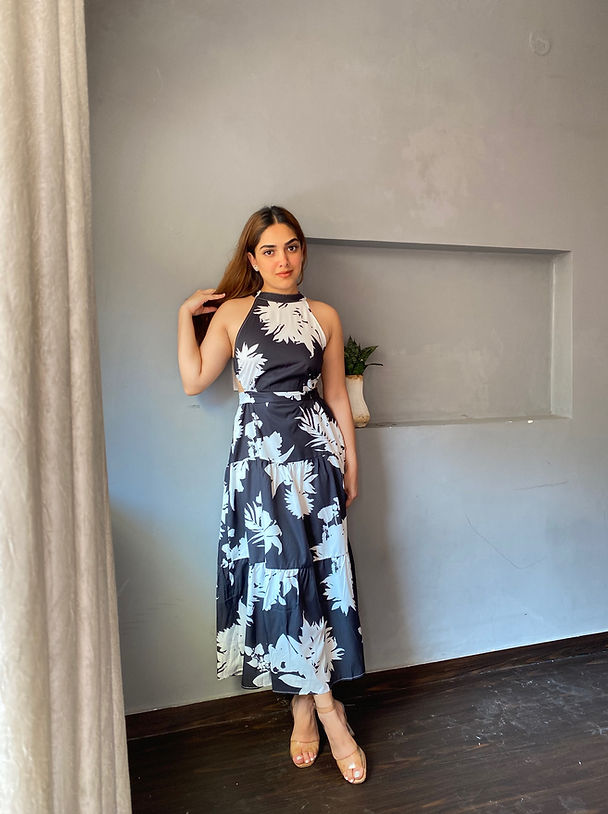Monochrome Floral Back Cut Out Long Dress