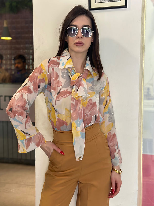Floral Georgette Button Down Shirt With Scarf