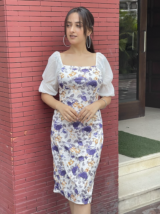 White Floral Square Neck Midi Dress