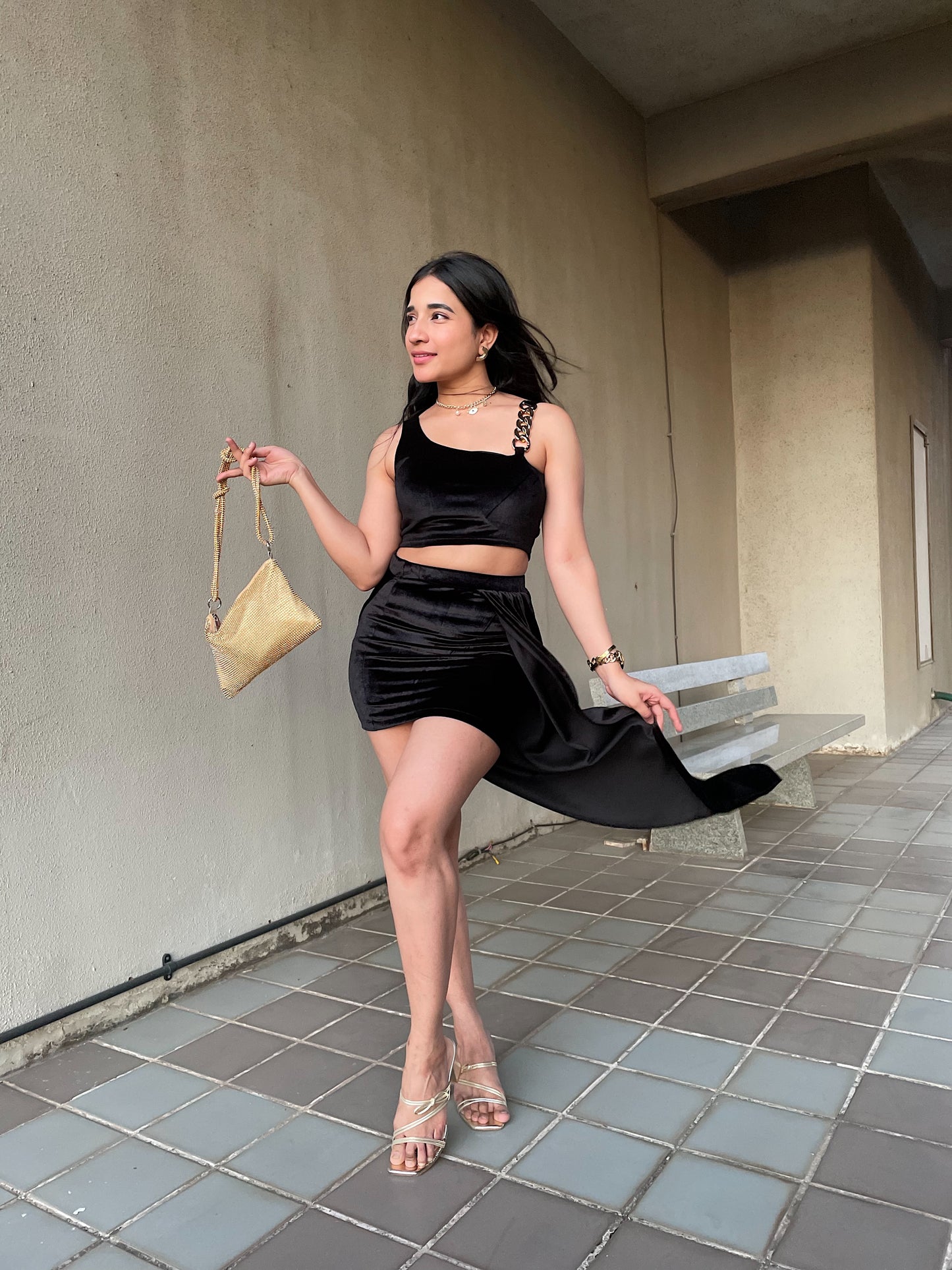 Combo Deal: Velvet Padded Top With Drape Skirt