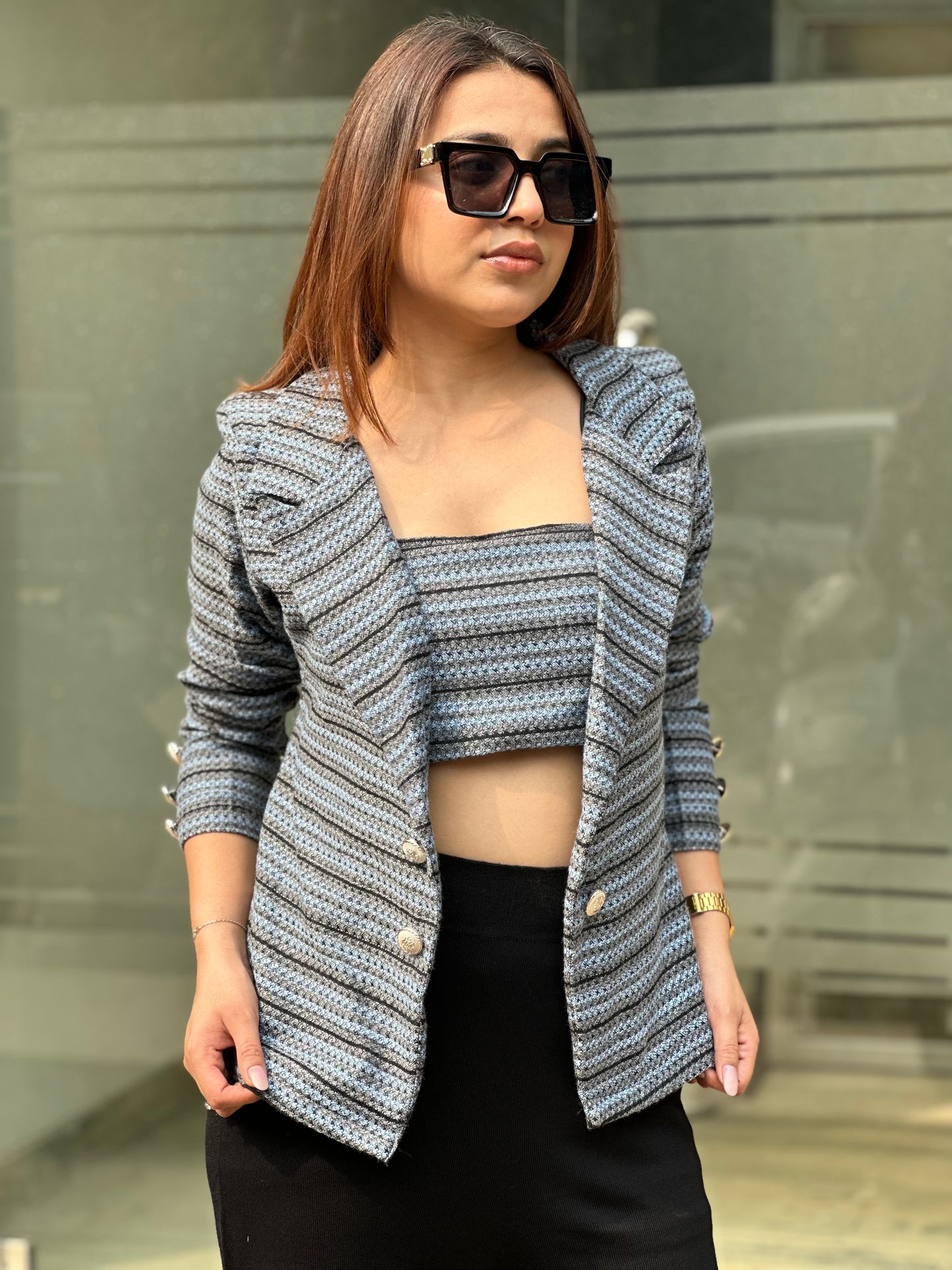 Tweed Open Blazer With Backless Top