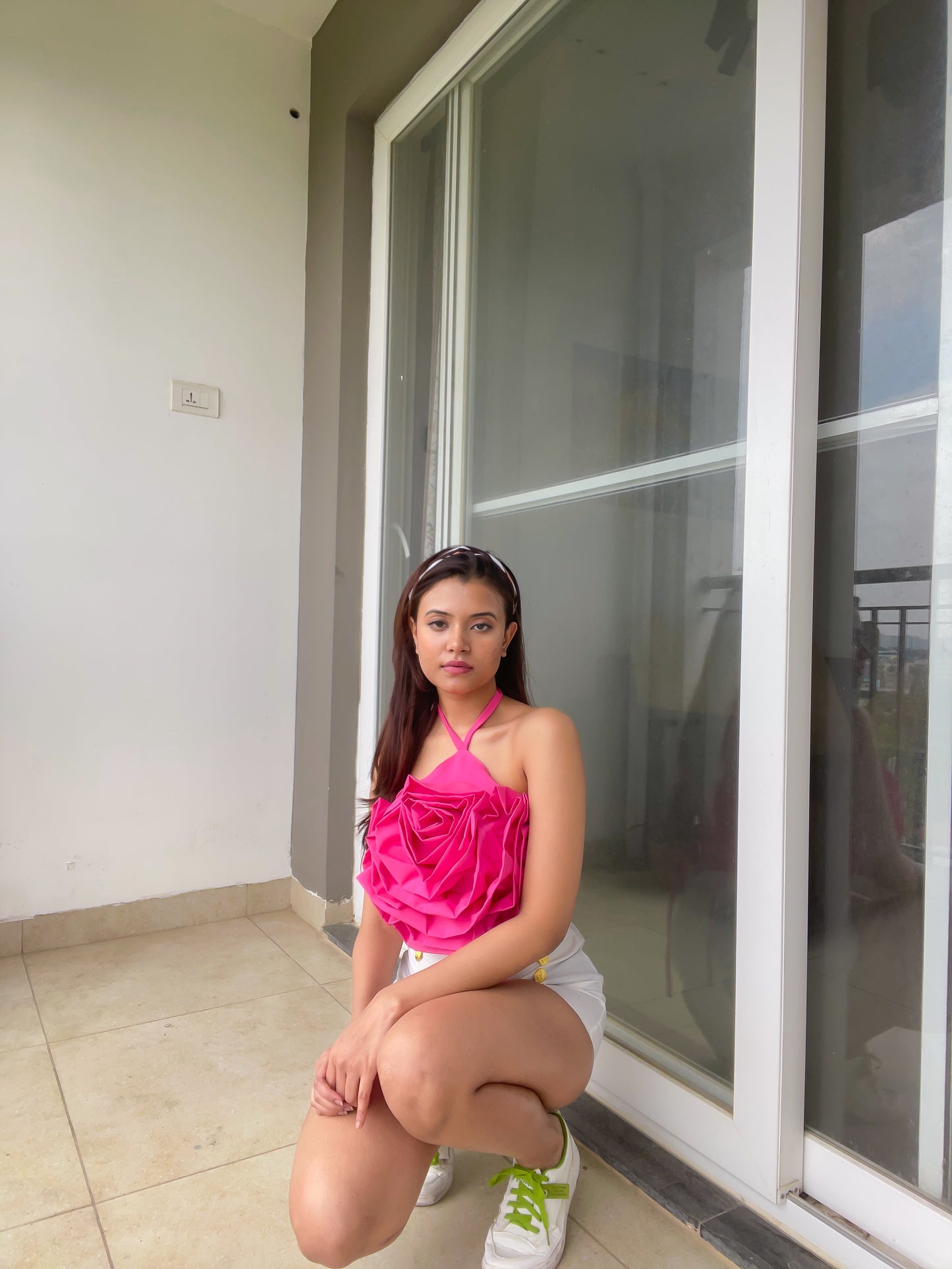 Combo Deal: Pink Rose Halter Neck Top With White Shorts