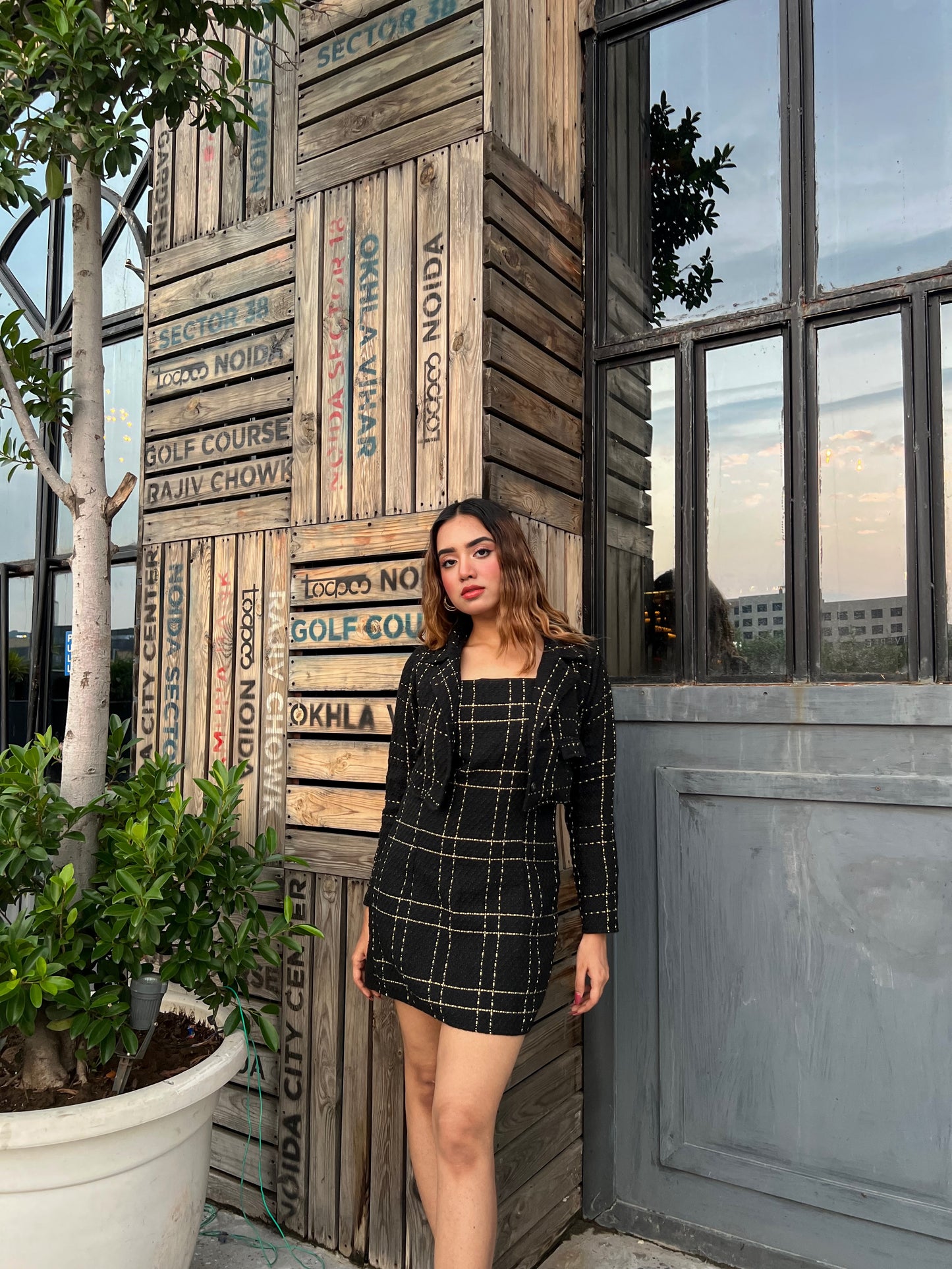 Black Tweed Dress With Blazer Set