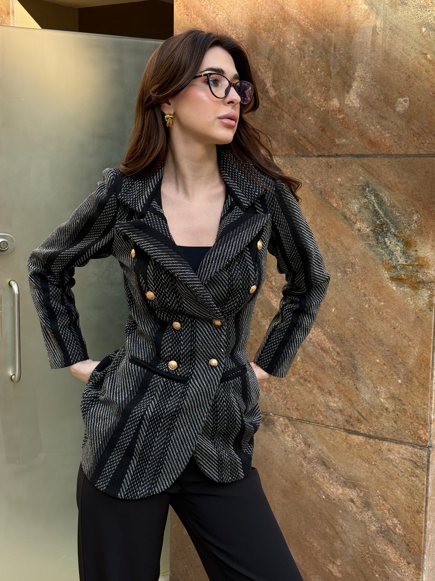 Tweed Long Sleeve Double Breasted Blazer