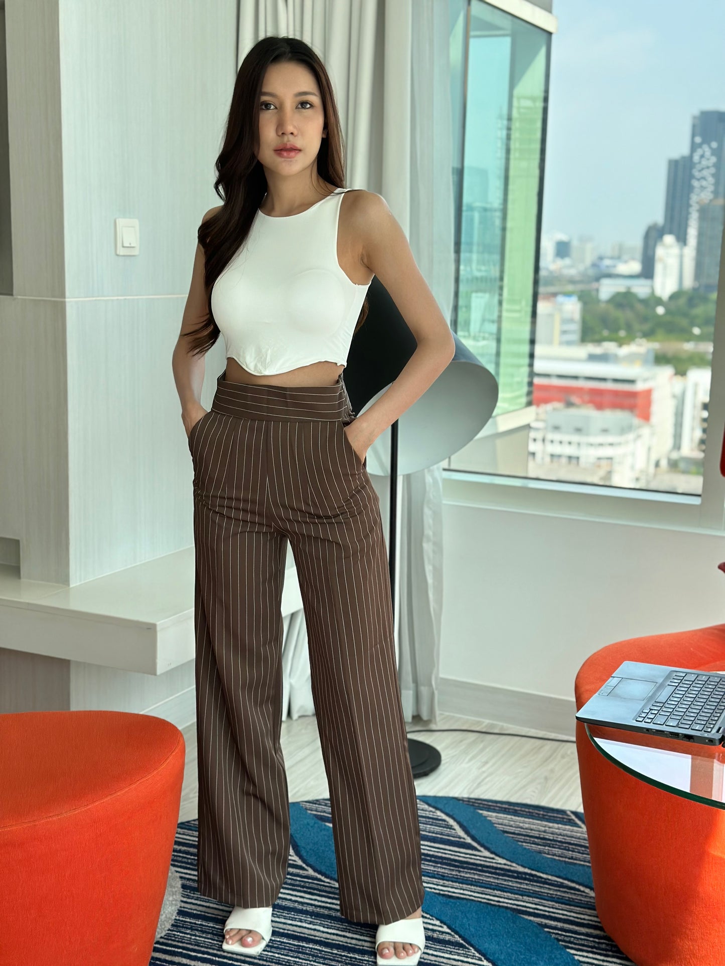 Brown Pinstripe Side Zipper Pants