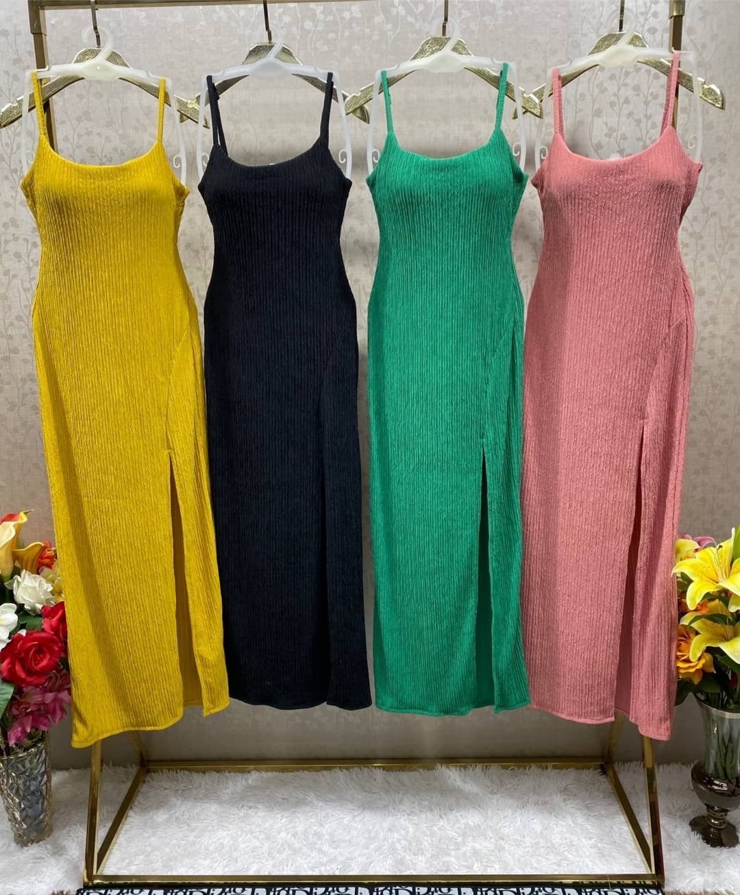 Crinkle Padded Slit Gown Dress