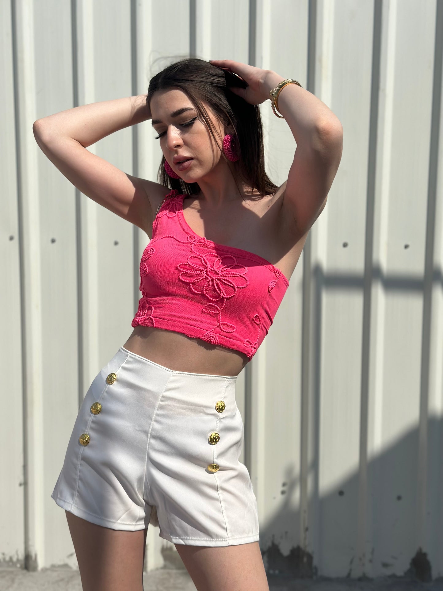 Combo Deal: Pink One Side Off Top With Button Detail Shorts