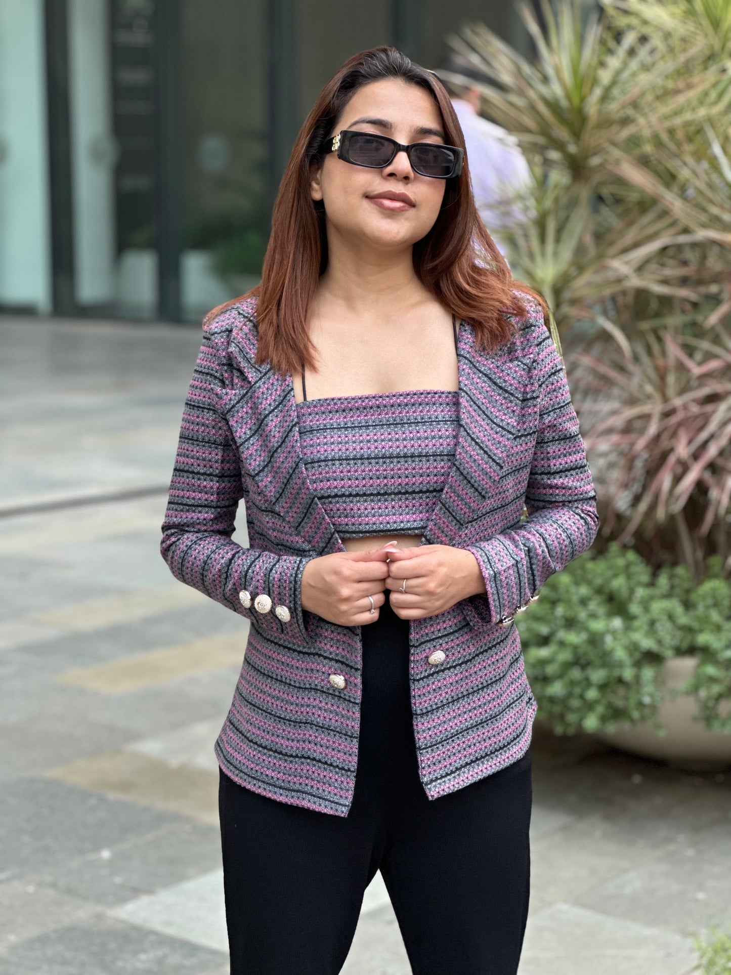 Tweed Open Blazer With Backless Top