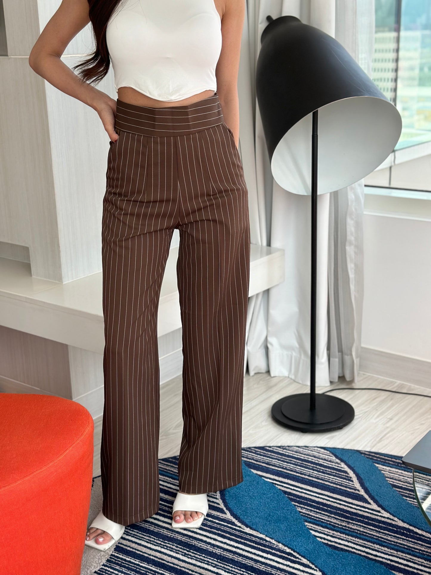 Brown Pinstripe Side Zipper Pants