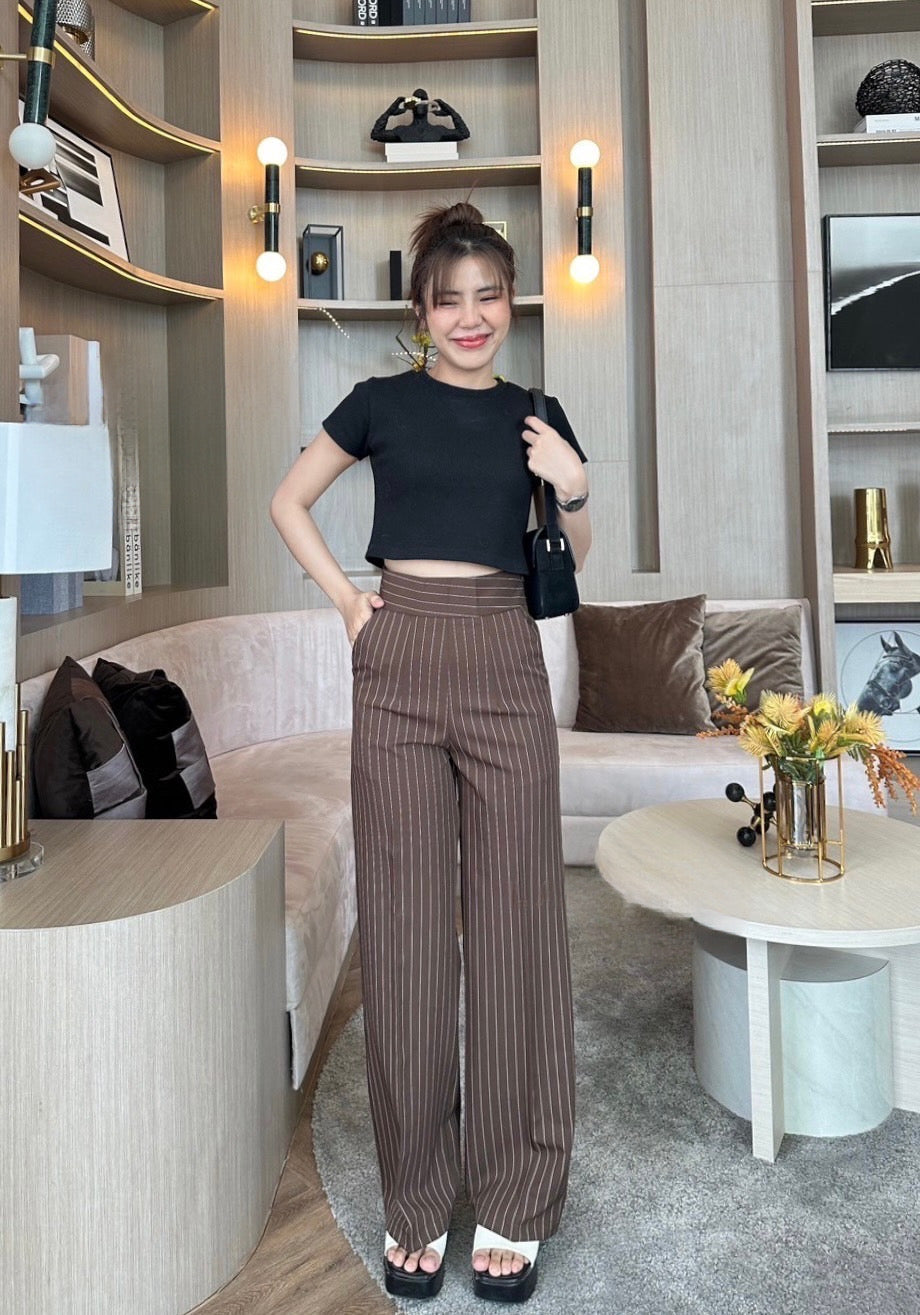 Brown Pinstripe Side Zipper Pants