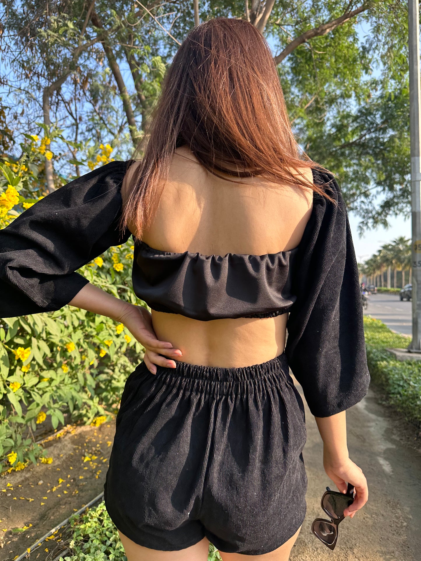 Black Corduroy Padded Top With Shorts