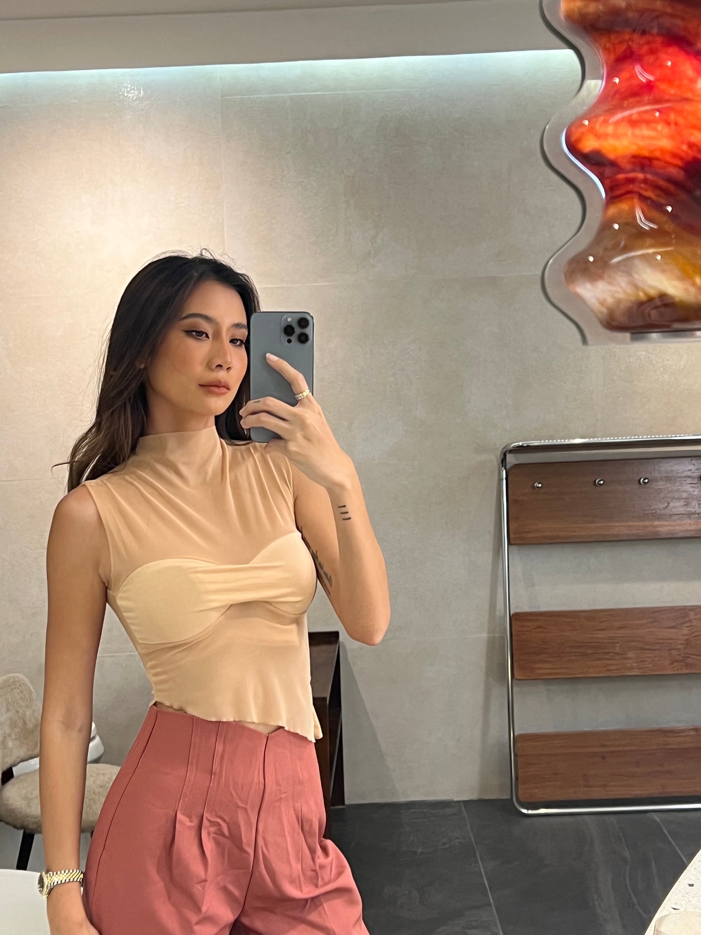 See Through High Neck Mesh Top