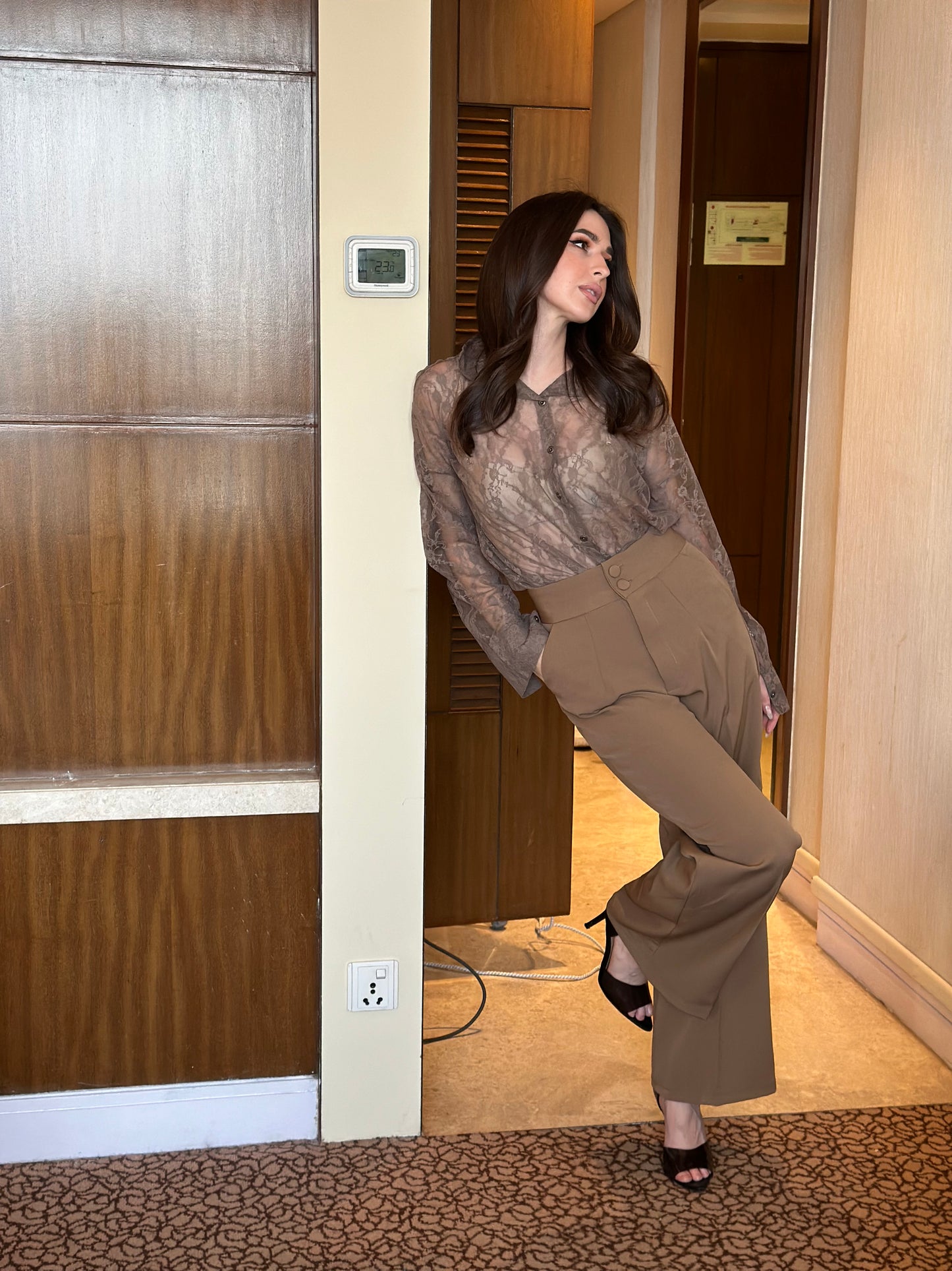 Lace See Through Shirt With Beige Pants