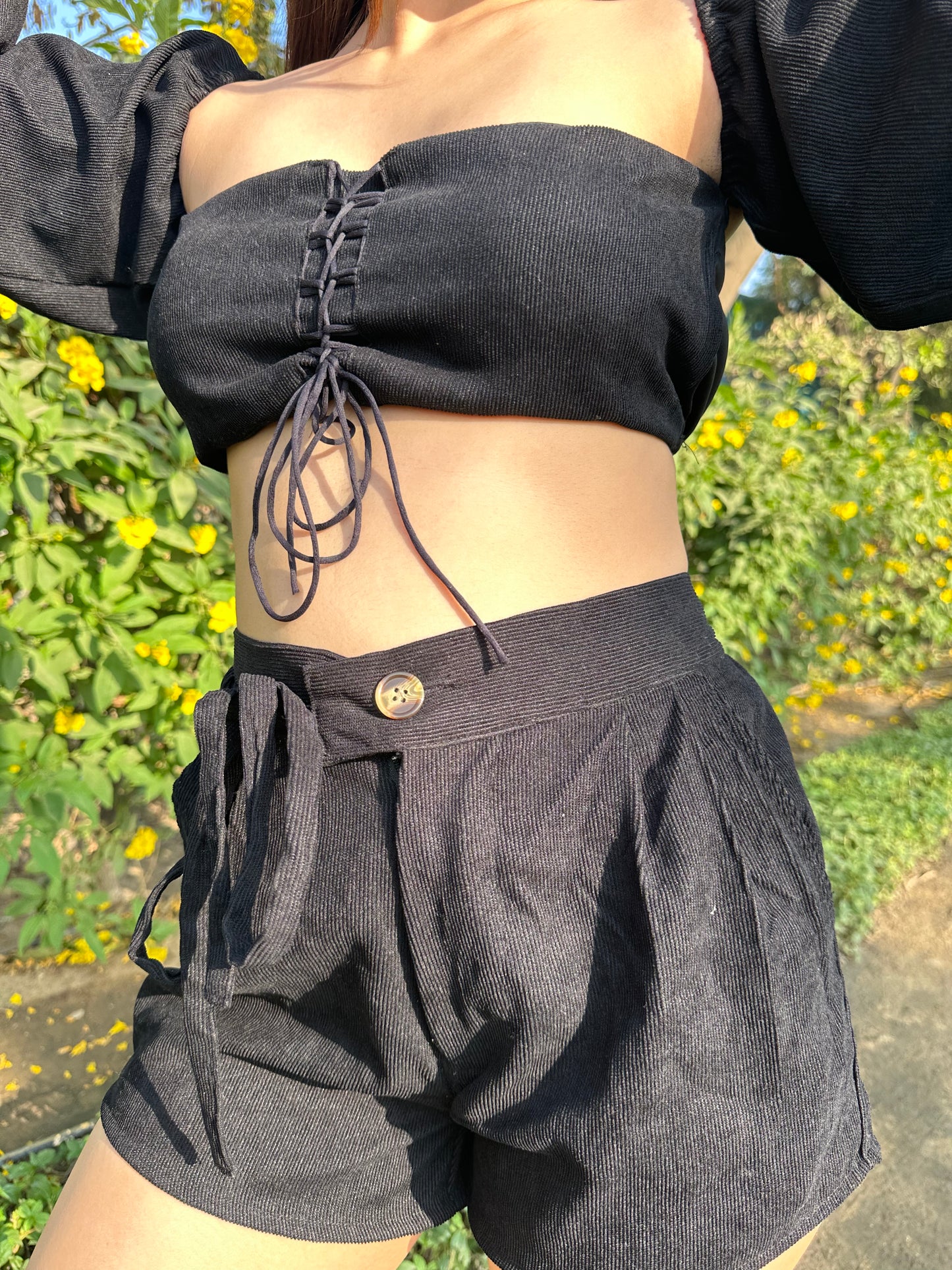 Black Corduroy Padded Top With Shorts