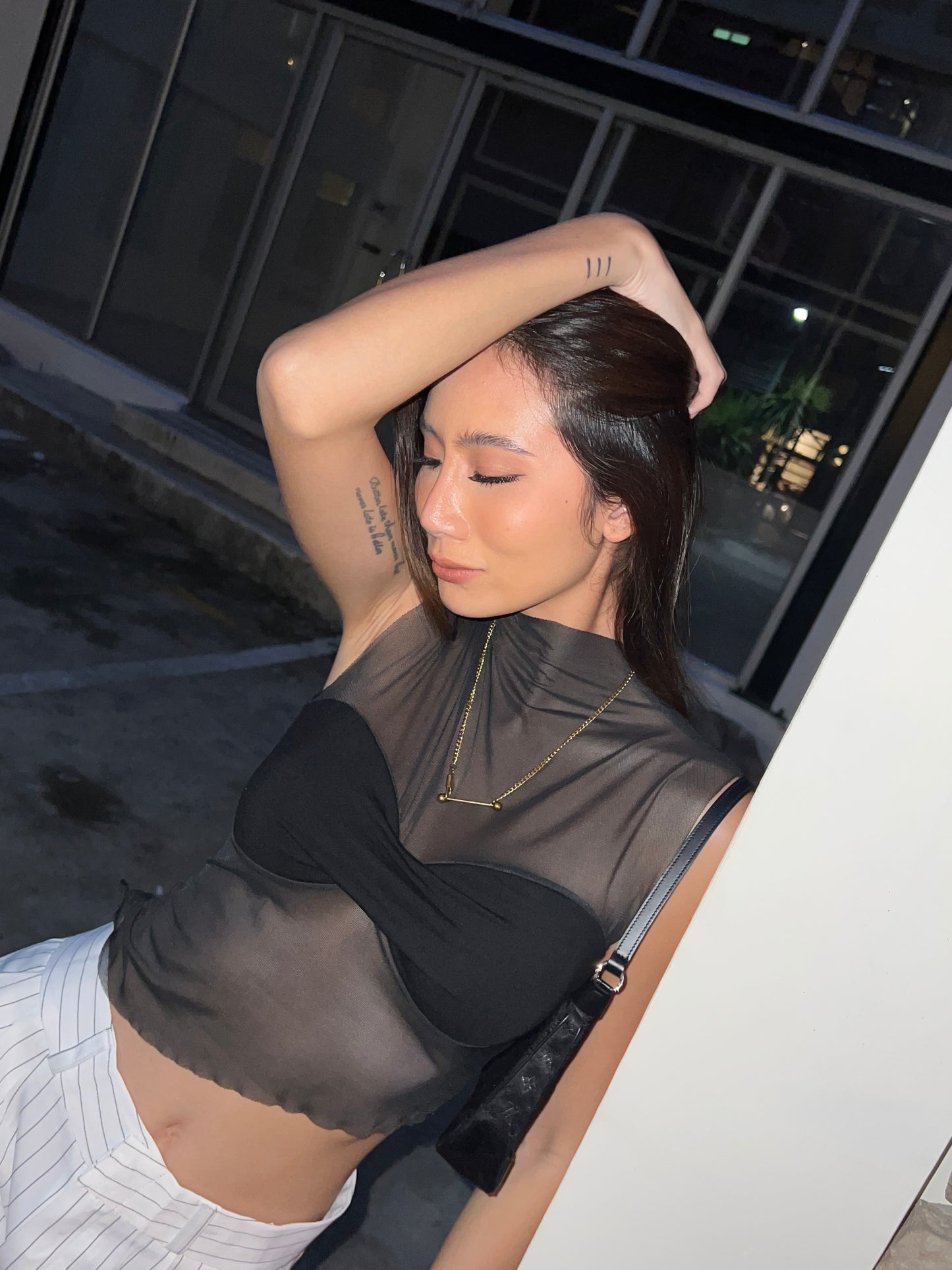 See Through High Neck Mesh Top