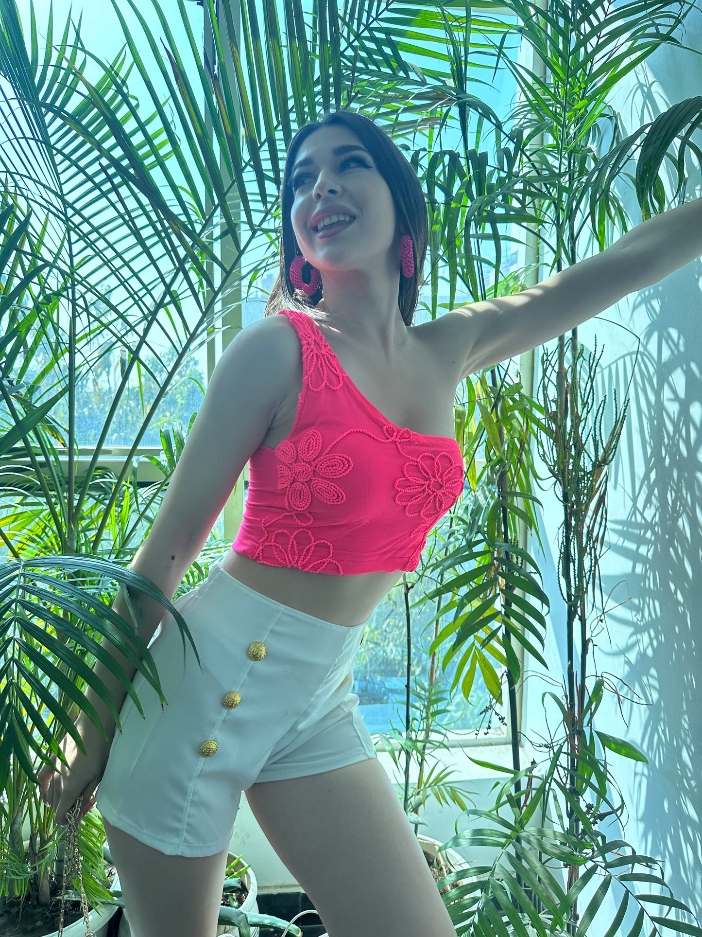 Combo Deal: Pink One Side Off Top With Button Detail Shorts
