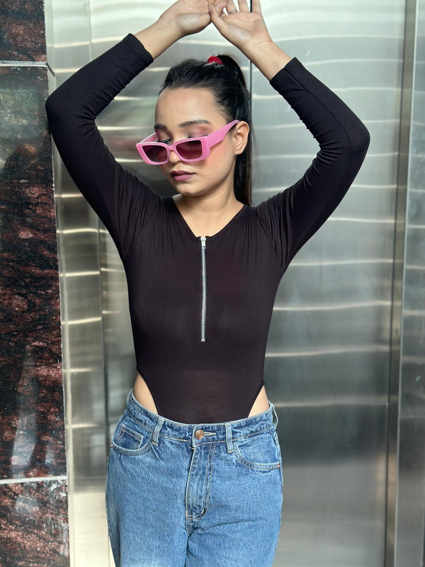 StyleAsh Front Zipper Cut-Out Bodysuit