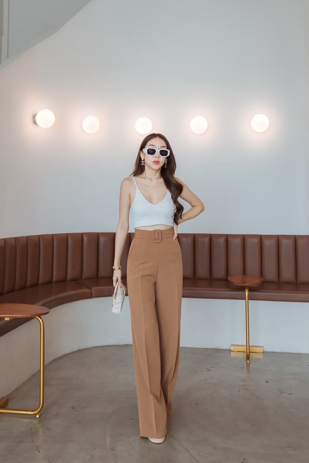 Wide Leg Belt Attached High Waist Pants