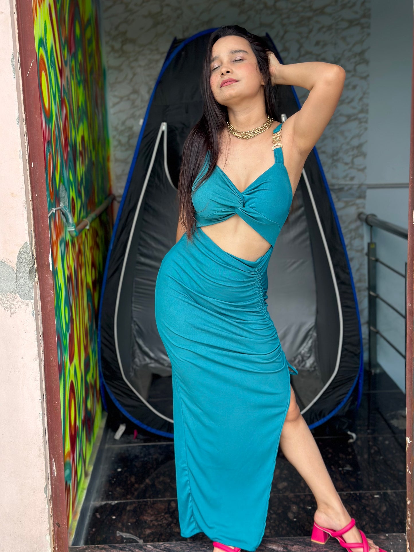 Padded Drawstring Gown Dress