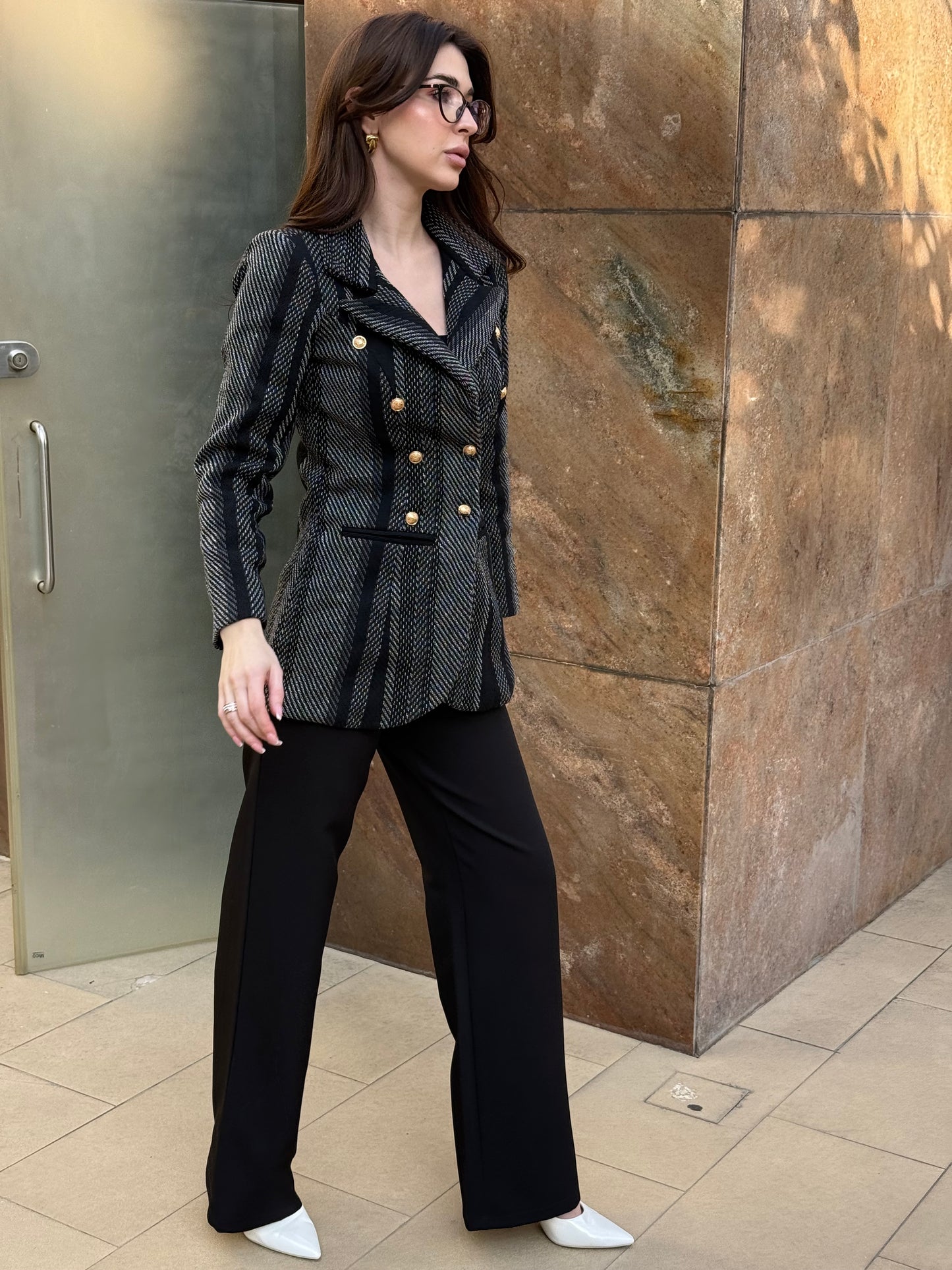 Tweed Long Sleeve Double Breasted Blazer