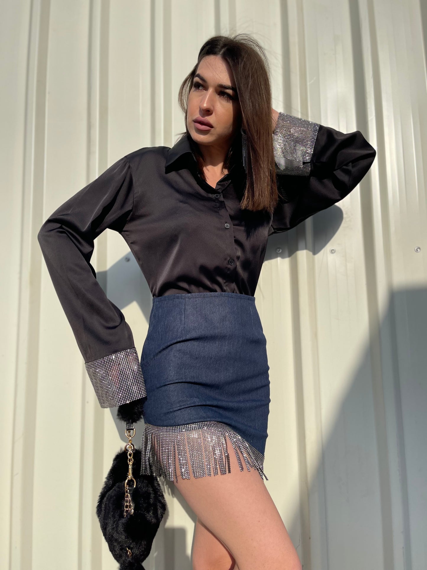 Combo Deal: Satin Black Rhinestone Shirt With Denim Skirt