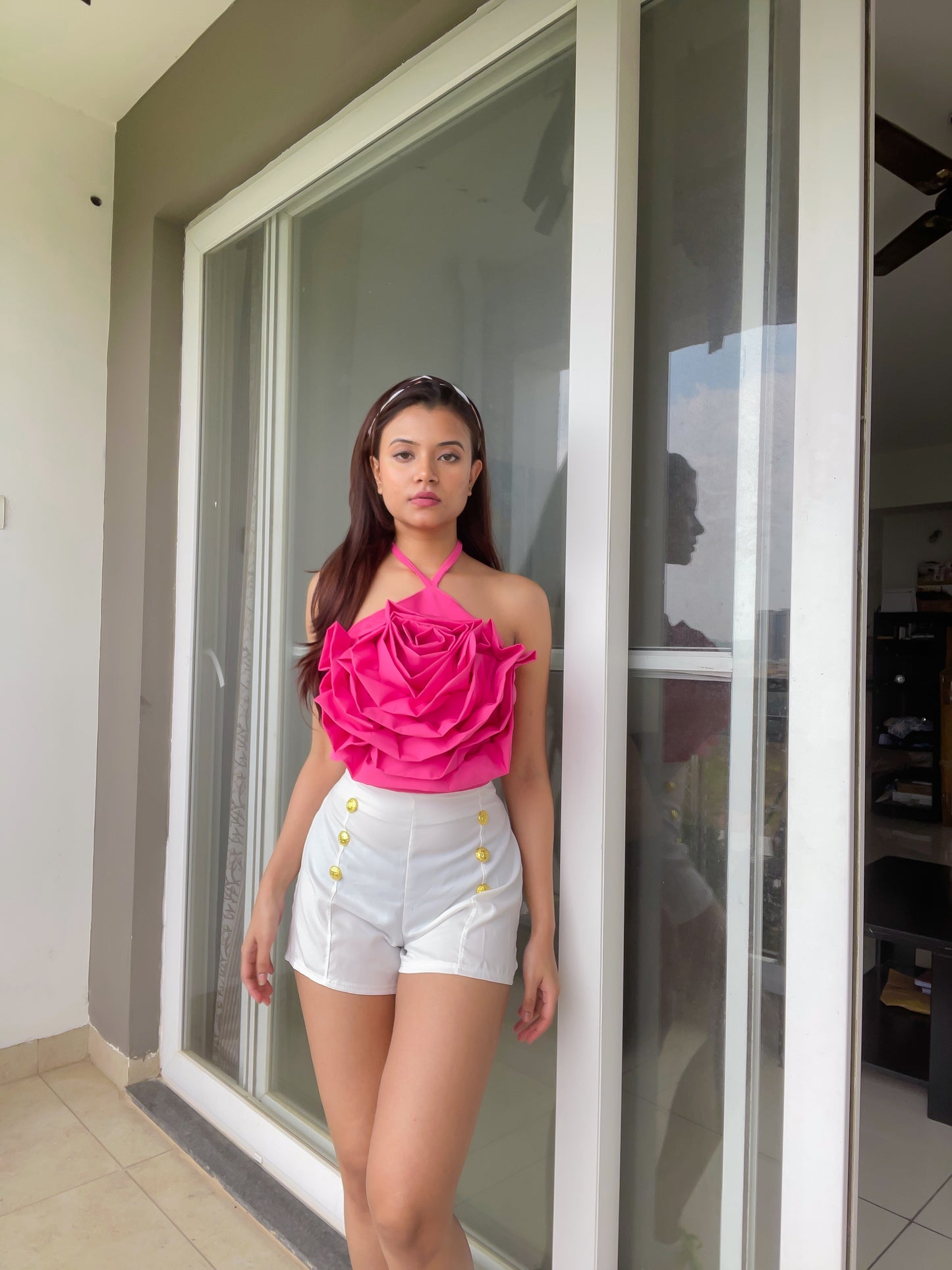 Combo Deal: Pink Rose Halter Neck Top With White Shorts