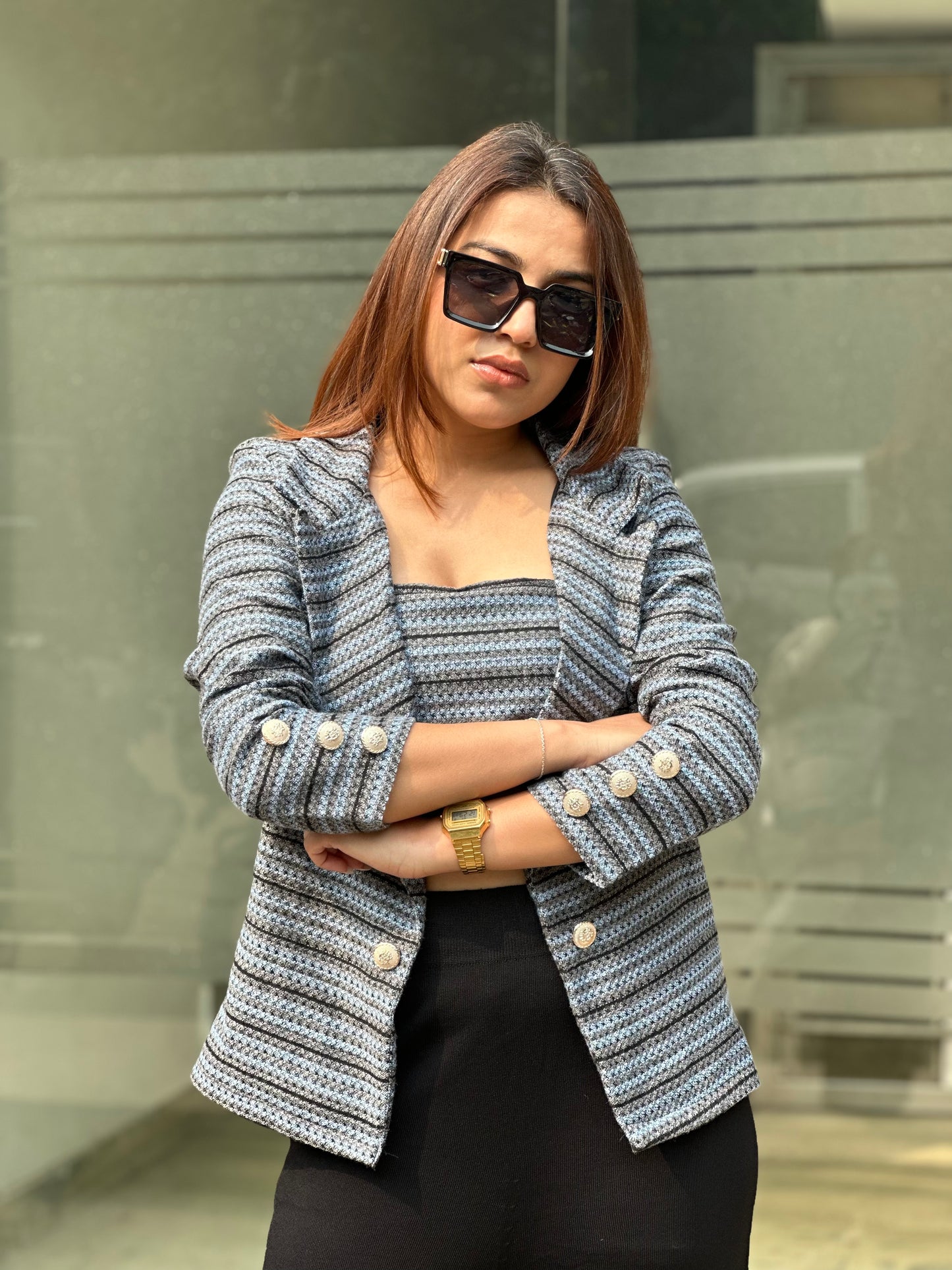 Tweed Open Blazer With Backless Top