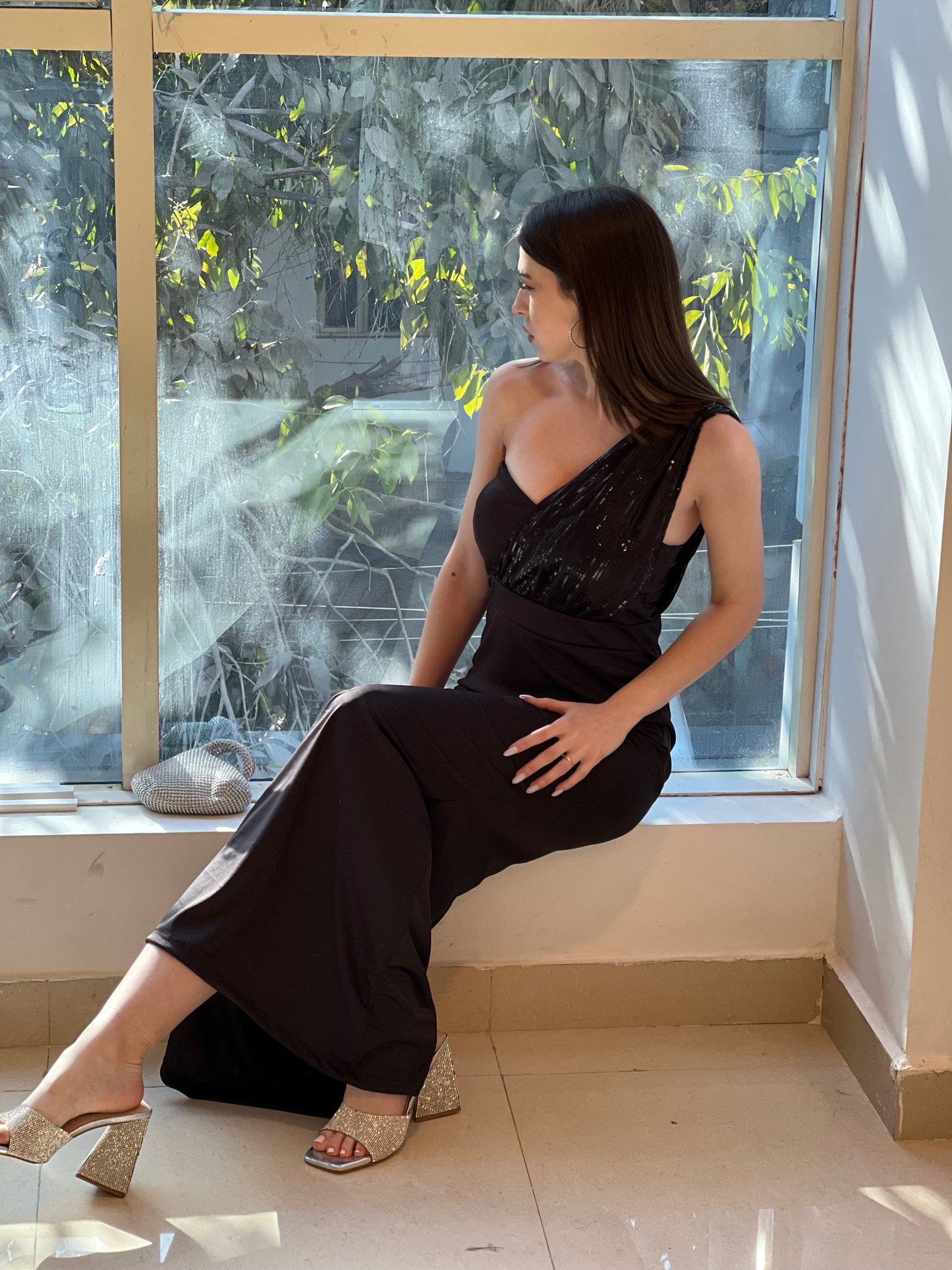 StyleAsh Black Fitted Padded Sequins Gown Dress