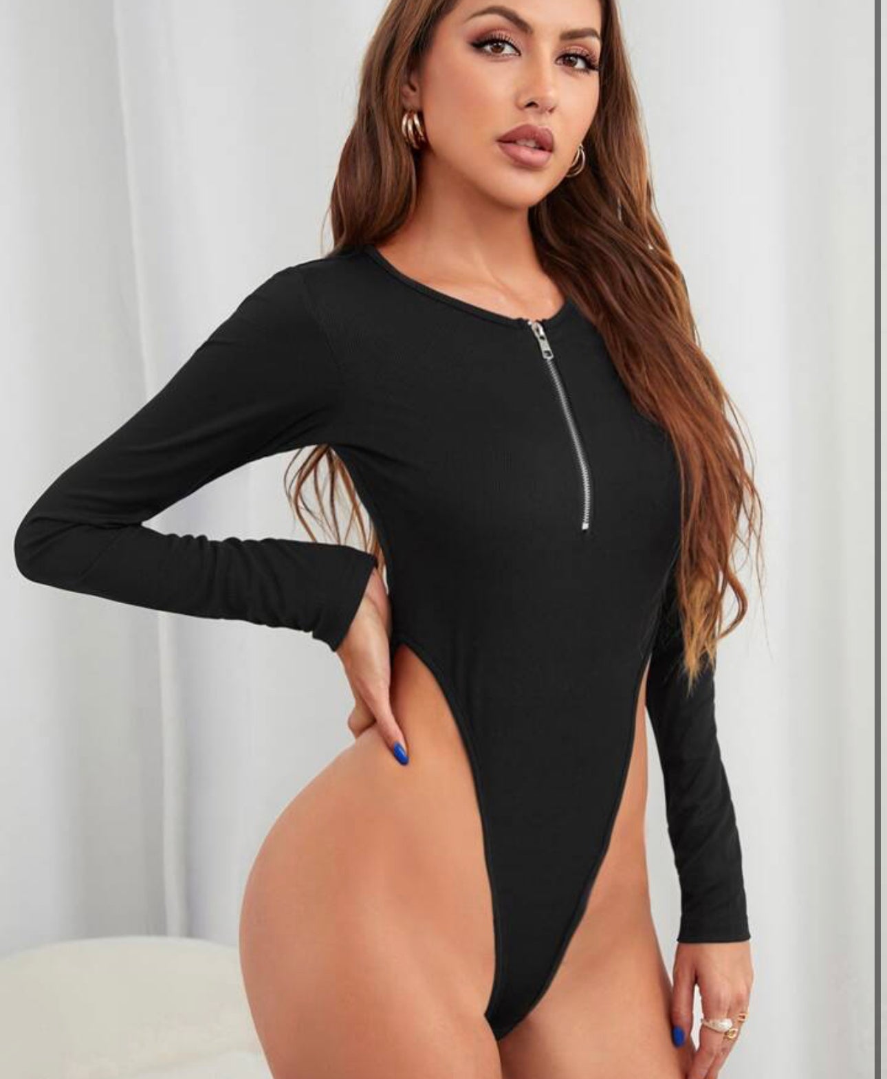 StyleAsh Front Zipper Cut-Out Bodysuit