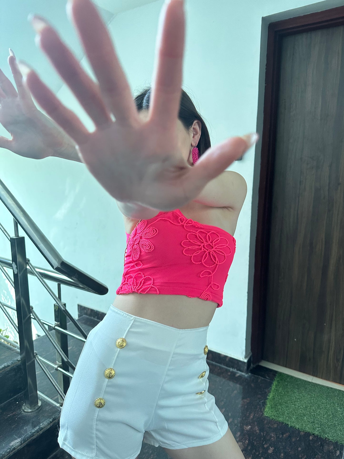 Combo Deal: Pink One Side Off Top With Button Detail Shorts