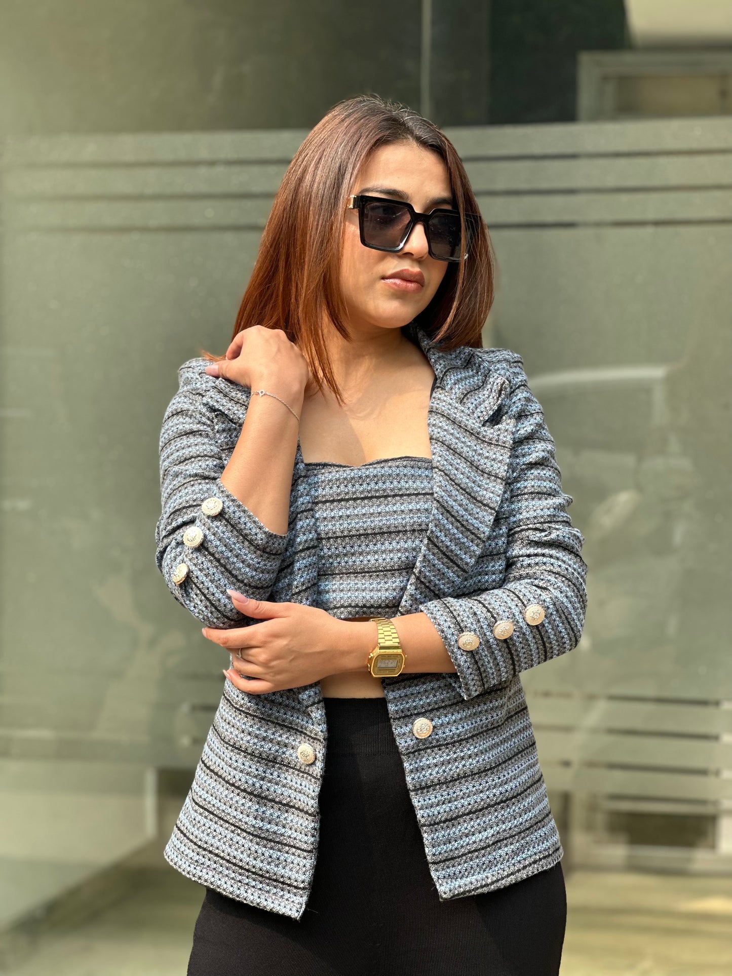 Tweed Open Blazer With Backless Top