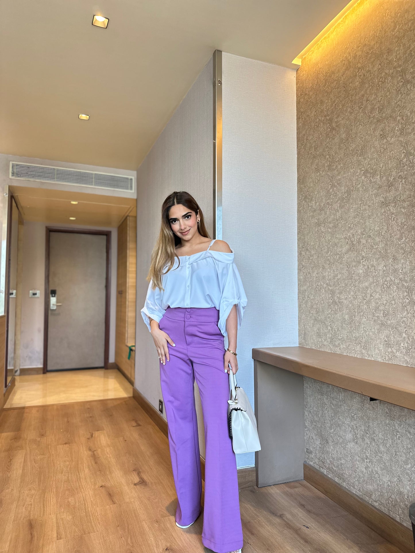 Set Of Off-Shoulder Shirt With Lilac Pants