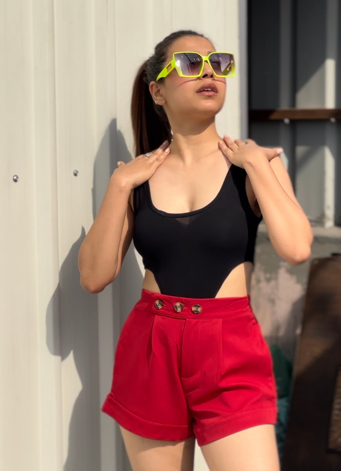 Black Bodysuit With Wide Leg Hot Pants/Shorts